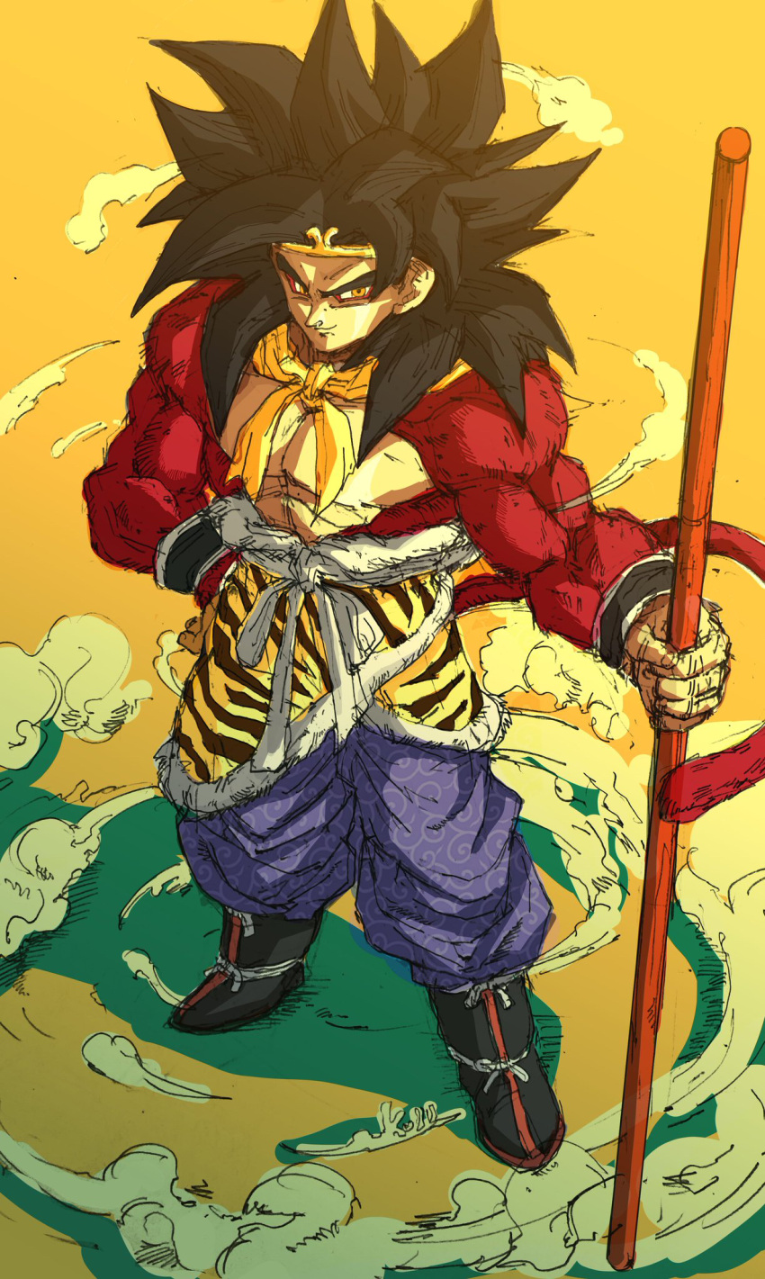 1boy black_hair body_fur cosplay dragon_ball dragon_ball_(classic) dragon_ball_gt highres journey_to_the_west kouji08250 monkey_boy monkey_tail muscular muscular_male nyoibo red_fur son_goku spiked_hair sun_wukong sun_wukong_(cosplay) super_saiyan super_saiyan_4 tail yellow_eyes