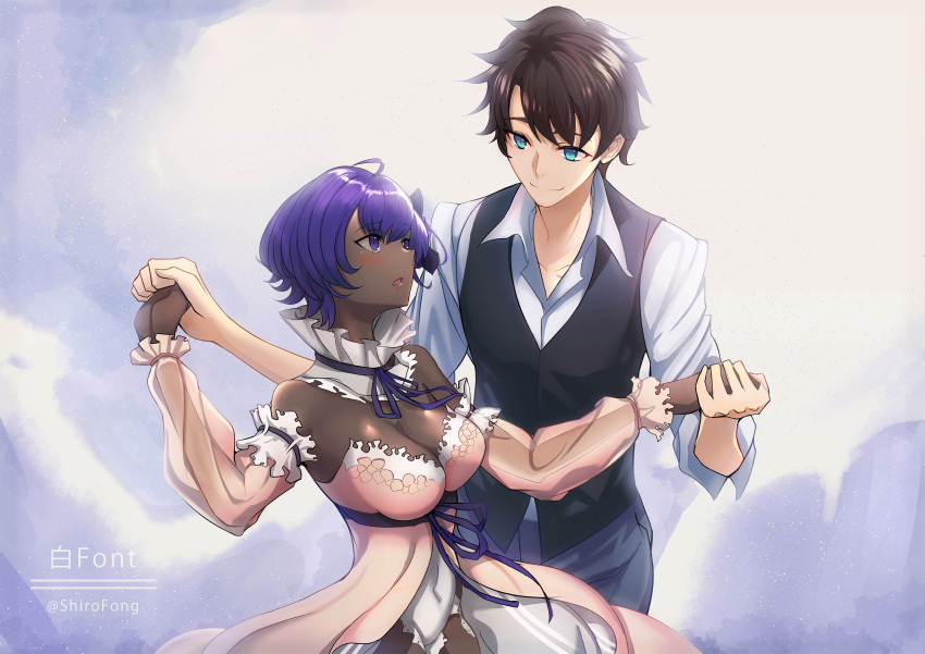 1girl absurdres bare_shoulders black_hair black_pants black_vest blue_eyes blush breasts cleavage commentary_request dancing detached_sleeves dress fate/grand_order fate/grand_order_waltz_in_the_moonlight/lostroom fate_(series) fujimaru_ritsuka_(male) hassan_of_serenity_(fate) hassan_of_serenity_(lostroom_outfit)_(fate) highres large_breasts open_mouth pants pink_dress purple_eyes purple_hair shiro_font shirt short_hair smile solo twitter_username vest white_shirt