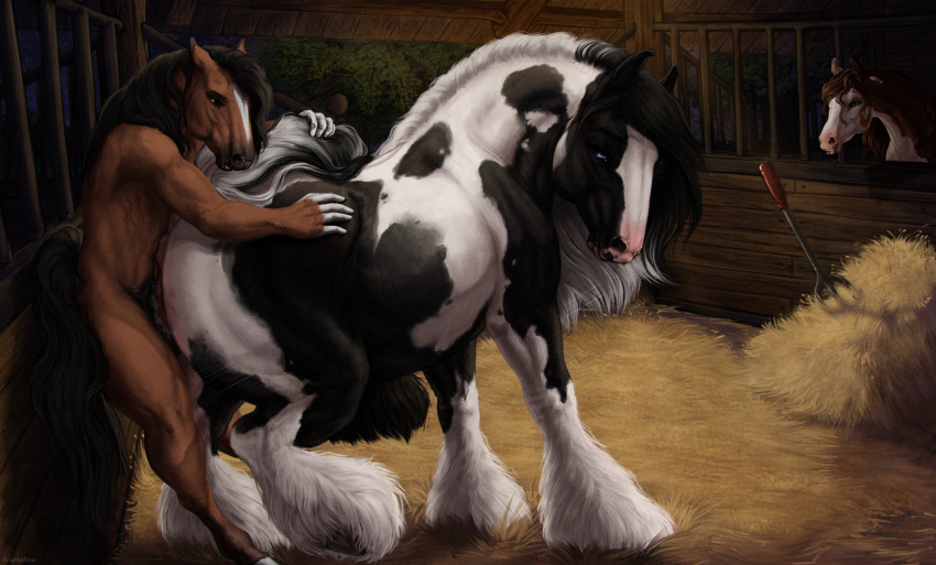 2022 anthro anthro_on_feral barn bestiality black_body bodily_fluids brown_body david_(jazzeh) digital_drawing_(artwork) digital_media_(artwork) dominant dominant_female draft_horse duo equid equine feathering female female_penetrated feral fur genital_fluids gypsy_vanner hi_res horse inside male male/female male_on_feral male_penetrating male_penetrating_female mammal night nude penetration scarlanya sex vaginal vaginal_penetration white_body