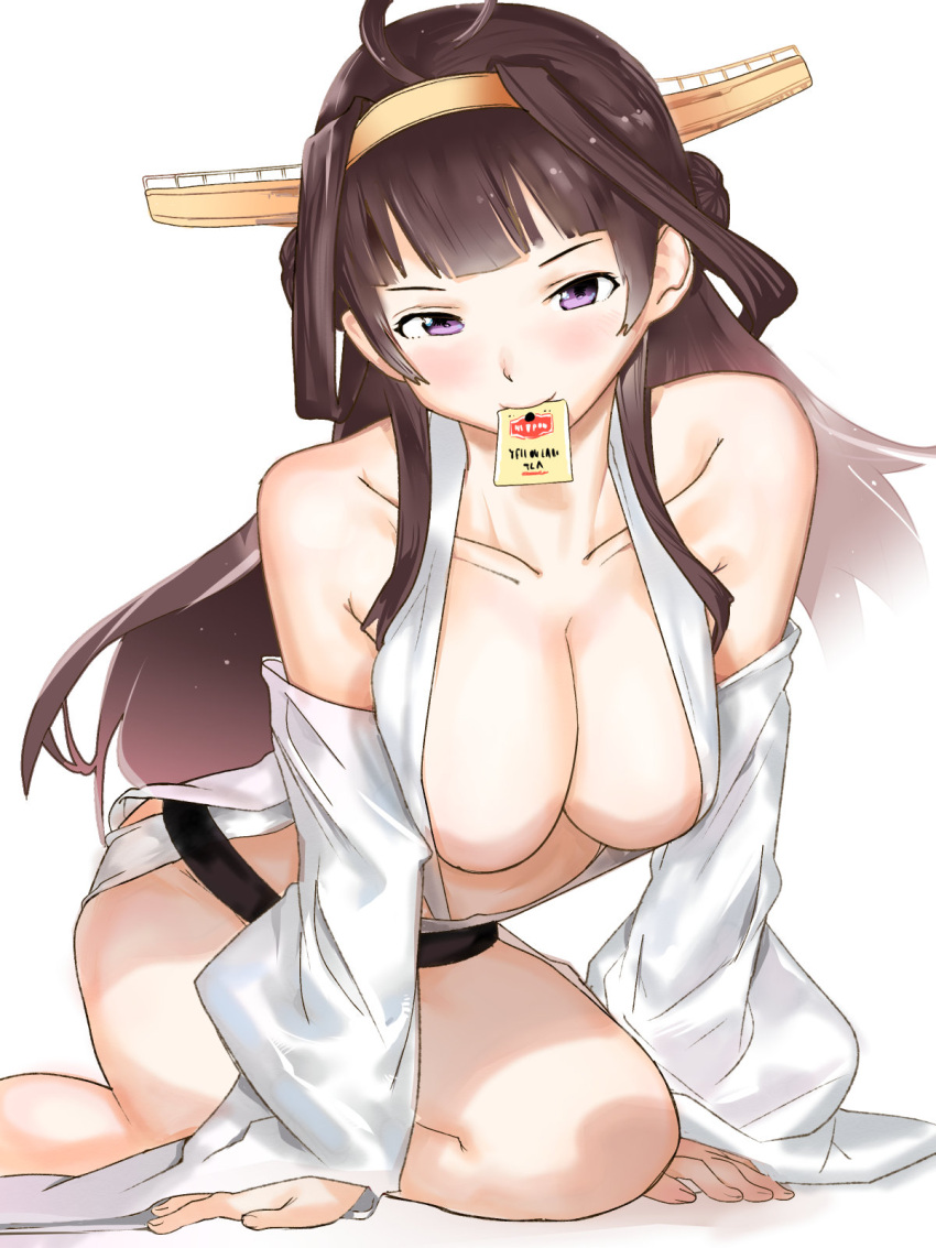 1girl ahoge all_fours bangs bare_legs blush breasts brown_hair cleavage collarbone detached_sleeves double_bun headgear highres igarasy kantai_collection kongou_(kancolle) large_breasts long_hair looking_at_viewer mouth_hold no_bra open_clothes purple_eyes sachet sexually_suggestive solo white_background