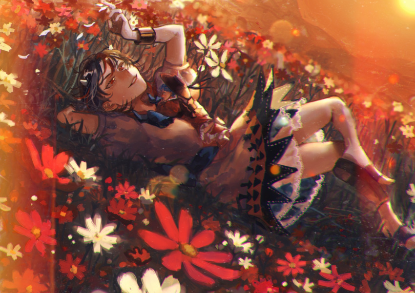 2girls black_bow black_hair blue_bow blue_hair bow bowl bowl_hat bowtie commentary_request field flower flower_field frilled_kimono frilled_skirt frills full_body hat highres holding holding_flower horns japanese_clothes kijin_seija kimono knees_up looking_at_another lying lying_on_person multicolored_hair multiple_girls on_back petals puffy_short_sleeves puffy_sleeves red_eyes red_hair red_kimono sandals shirt short_hair short_sleeves sizuo_1997619 skirt smile streaked_hair sukuna_shinmyoumaru sunset touhou waist_bow white_shirt white_skirt wrist_cuffs