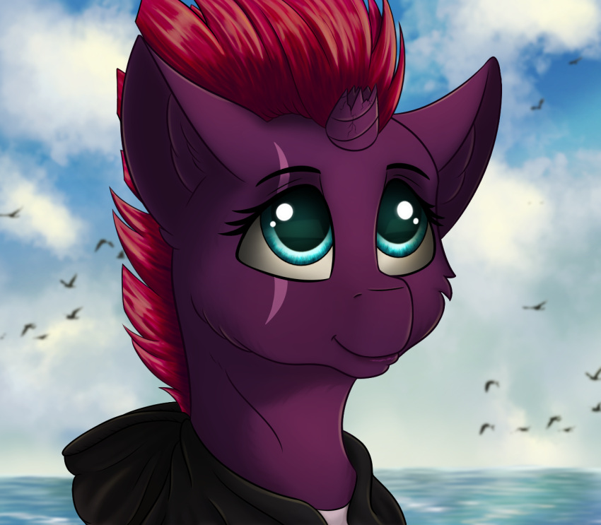 blue_eyes broken_horn clothing crimsonwolf360 equid equine eye_scar eyelashes facial_scar female feral friendship_is_magic fur hair hasbro hi_res hoodie horn inner_ear_fluff mammal my_little_pony my_little_pony:_the_movie_(2017) pink_hair purple_body purple_fur scar sea smile tempest_shadow_(mlp) topwear tuft unicorn water