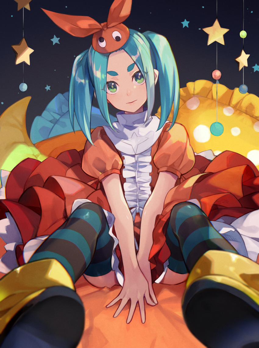 1girl aqua_hair aqua_legwear arms_between_legs black_legwear blurry boots bright_pupils center_frills commentary cushion depth_of_field dress expressionless eyes_visible_through_hair frilled_dress frills full_body googly_eyes green_eyes head_tilt highres long_hair looking_at_viewer monogatari_(series) multicolored_clothes multicolored_dress ononoki_yotsugi orange_dress orange_headwear own_hands_together parted_lips pillow puffy_short_sleeves puffy_sleeves short_eyebrows short_sleeves sidelocks sitting solo star_(symbol) striped striped_legwear thick_eyebrows thighhighs turtleneck twintails two-tone_legwear white_dress yellow_footwear yuko_(uc_yuk)