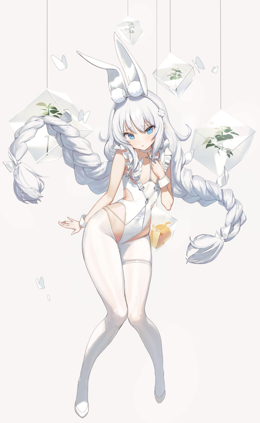 &gt;_&lt; 1girl animal_ear_fluff animal_ears azur_lane banned_artist bird blue_eyes braid breasts bug butterfly chick closed_mouth clothing_cutout commentary contrapposto covered_navel dai_nikucho flats frills frozen full_body grey_background grey_hair hairband hand_on_own_chest hand_up highres ice ice_cube knees knees_together_feet_apart le_malin_(azur_lane) le_malin_(listless_lapin)_(azur_lane) legs leotard long_hair looking_at_viewer manjuu_(azur_lane) narrow_waist o-ring pantyhose plant rabbit_ears simple_background small_breasts standing string thigh_strap thighs twin_braids white_footwear white_legwear white_leotard wide_hips wrist_cuffs