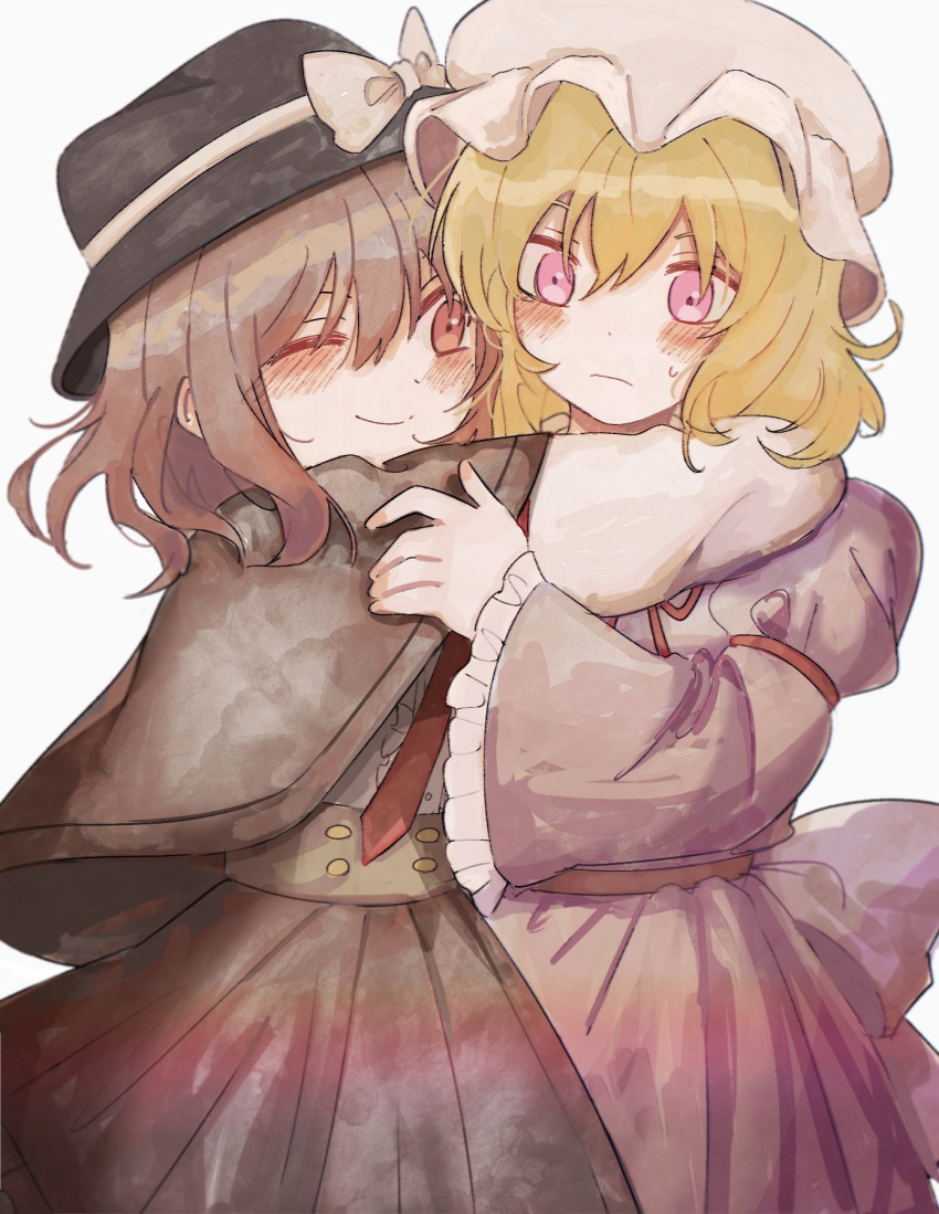 2girls ;) bangs black_capelet black_headwear black_skirt blonde_hair blush bow brown_hair capelet commentary dress embarrassed frilled_dress frills hair_between_eyes hand_on_another's_shoulder hat hat_bow highres hug long_sleeves looking_at_another looking_at_viewer maribel_hearn mob_cap multiple_girls neck_ribbon necktie one_eye_closed purple_bow purple_dress purple_eyes rbfnrbf_(mandarin) red_eyes red_necktie red_ribbon ribbon shirt skirt smile sweatdrop touhou usami_renko waist_bow white_background white_bow white_headwear white_shirt wide_sleeves