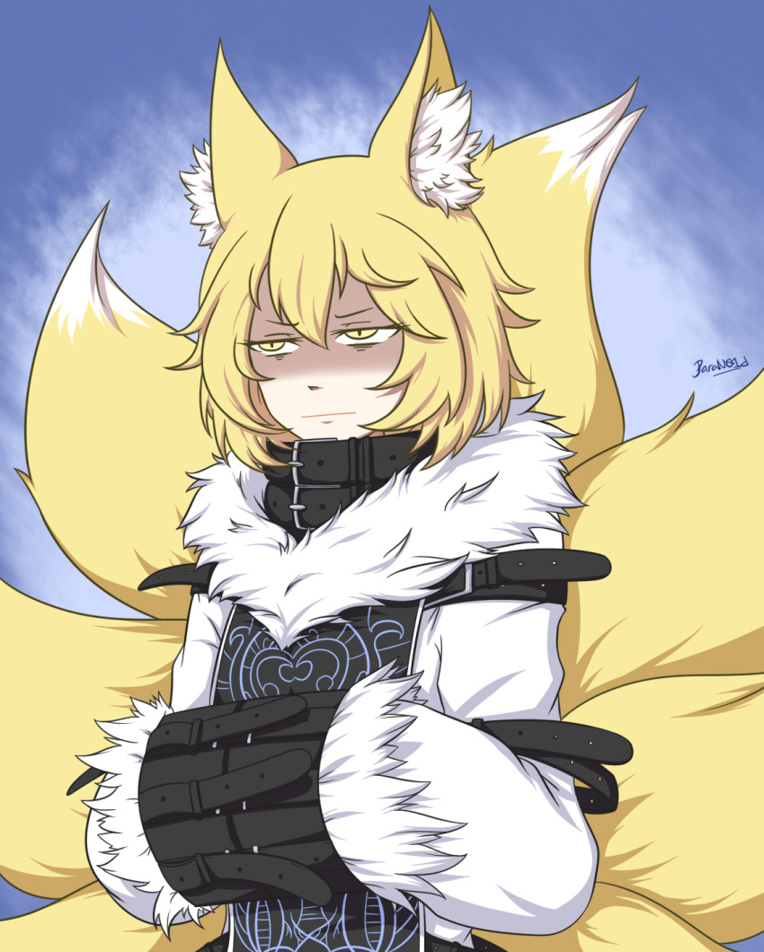 1girl animal_ear_fluff animal_ears bangs blonde_hair blue_background closed_mouth commission english_commentary fox_ears fox_tail fur_trim hands_in_opposite_sleeves highres kitsune koumajou_densetsu koumajou_densetsu_2 multiple_tails paran01d shaded_face short_hair signature solo tabard tail touhou yakumo_ran yellow_eyes