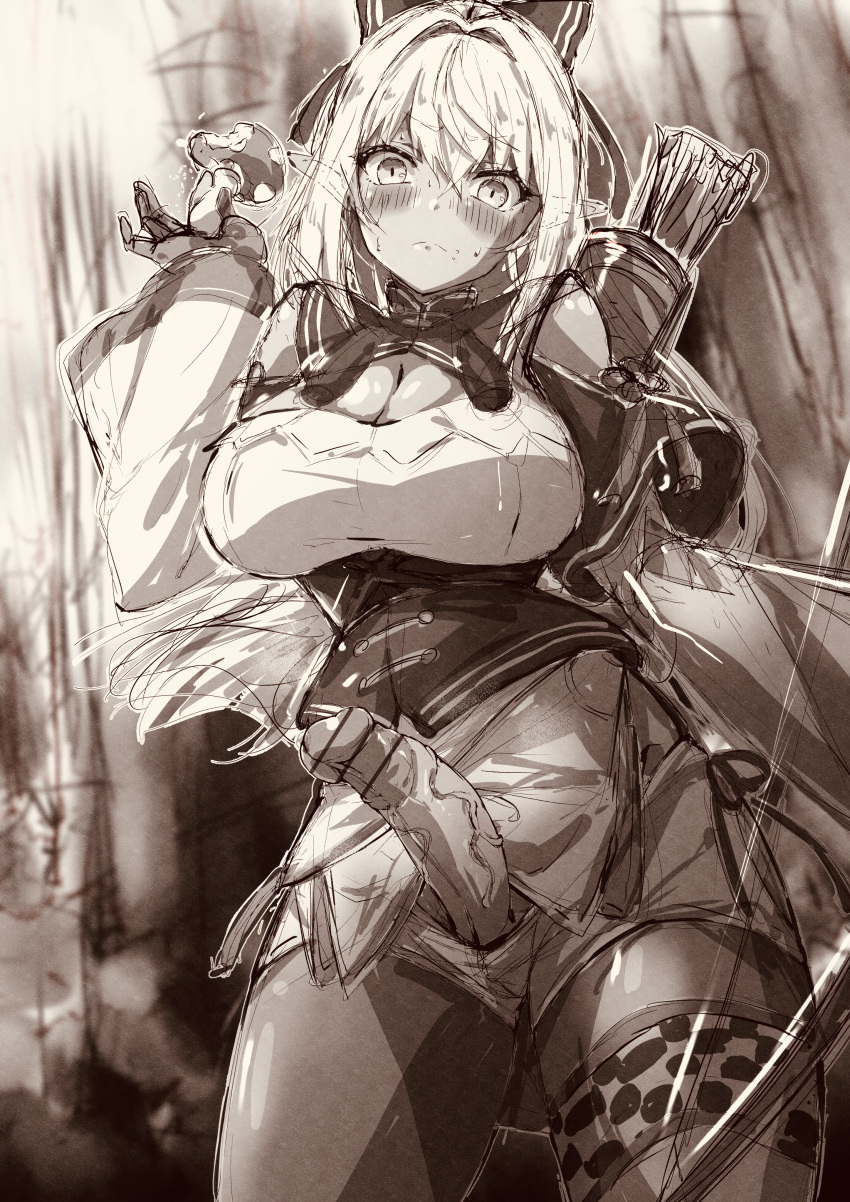 1girl absurdres arrow_(projectile) bar_censor bow breasts censored closed_mouth erection futanari gloves hair_bow highres holding holding_mushroom hololive large_breasts long_hair monochrome mushroom penis ponytail quiver shiranui_flare sketch solo standing virtual_youtuber wakaba_0922