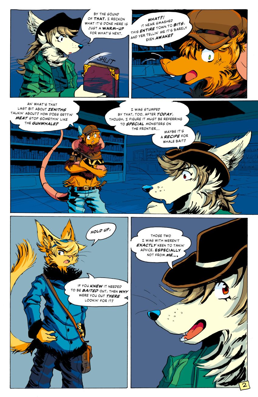 2022 anthro big_ears bodily_fluids canid canine canis carpetwurm clothed clothing comic conditional_dnp coyote detailed_background dialogue digital_media_(artwork) domestic_cat dotte_(gunwhale) english_text evelyn_call felid feline felis female fully_clothed group hat headgear headwear hi_res jack_(gunwhale) male mammal mixed_media mouse murid murine navel open_mouth rodent sweat text traditional_media_(artwork) trio webcomic whiskers