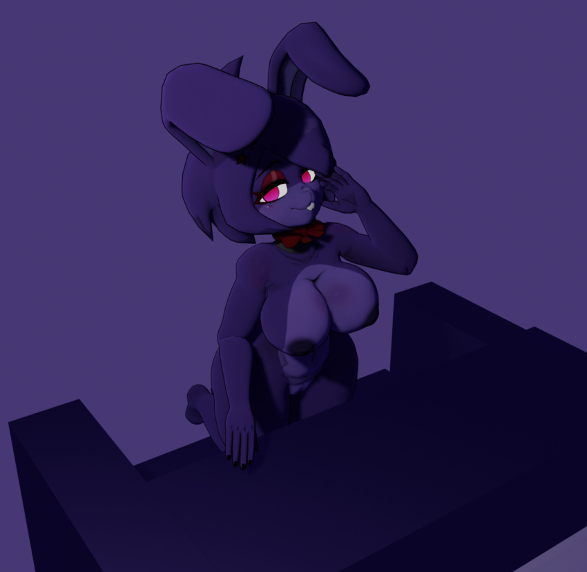 animatronic anthro areola big_breasts blender_(software) bonnie_(cally3d) bonnie_(fnaf) bow_tie breasts female five_nights_at_freddy's fredina's_nightclub genitals hair humanoid kneeling lagomorph leporid looking_at_viewer machine mammal nipples nude pinup pose purple_body pussy rabbit robot scottgames simple_background smile snippwapp solo thick_thighs video_games