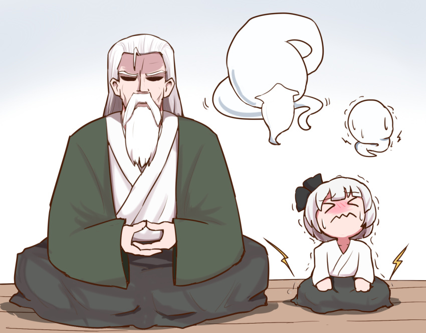 &gt;_&lt; 1boy 1girl beard black_hairband eyebrows_visible_through_hair facial_hair full_body ghost hairband highres japanese_clothes kimono konpaku_youki konpaku_youki_(ghost) konpaku_youmu konpaku_youmu_(ghost) long_hair meditation mustache nikori short_hair sitting sweat touhou trembling white_hair white_kimono