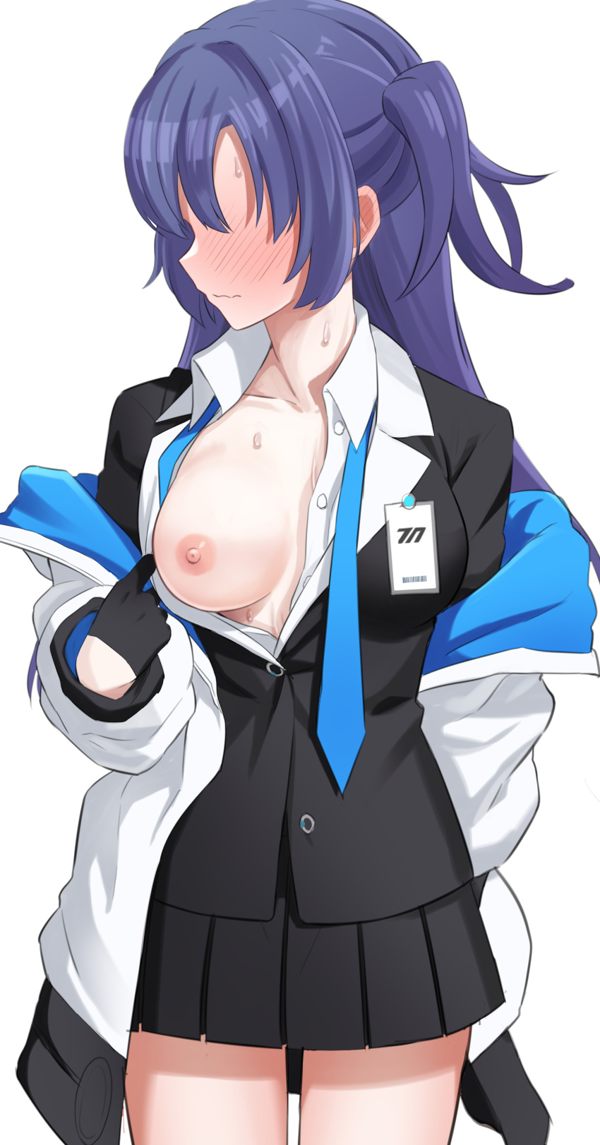 1girl absurdres artist_request blue_archive blush breasts breasts_out collarbone embarrassed faceless faceless_female gloves half_gloves highres id_card jacket looking_away medium_breasts miniskirt no_bra off_shoulder one_breast_out school_uniform self_exposure shirt skirt solo undone_necktie white_shirt yuuka_(blue_archive)