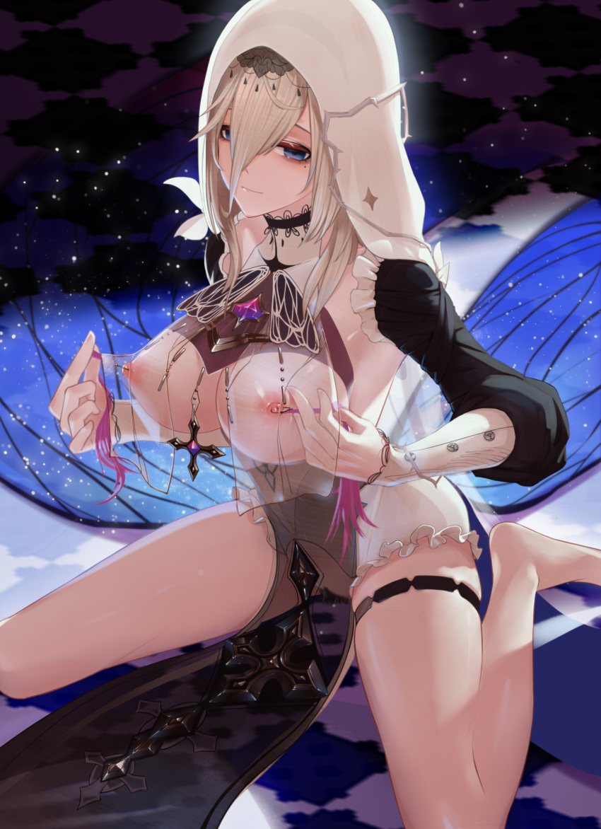 1girl absurdres aponia_(honkai_impact) areolae barefoot black_dress blue_eyes breasts brown_hair closed_mouth dress full_body habit hair_between_eyes highres honkai_(series) honkai_impact_3rd large_breasts long_bangs long_hair long_sleeves looking_at_viewer mole mole_under_eye niao_fan nipple_piercing nipples nun piercing sitting smile veil wariza