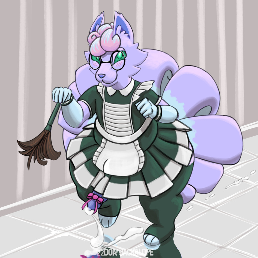 1:1 accessory alolan_vulpix anthro blush bodily_fluids bow_(knot) cleaning_tool clothing cum doathejackalope eyewear feather_duster fur genital_fluids genitals glasses green_eyes green_sclera hi_res lavender_fur leaking_cum legwear maid_apron maid_uniform male multi_tail nintendo penis penis_accessory penis_ribbon pok&eacute;mon pok&eacute;mon_(species) public regional_form_(pok&eacute;mon) ribbons solo stockings uniform video_games