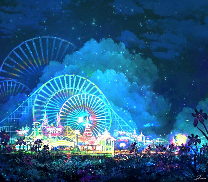 absurdres amusement_park architecture carnival carousel cloud cloudy_sky english_text fantasy ferris_wheel flower highres kurasuta no_humans original outdoors scenery sky star_(sky) starry_sky symbol-only_commentary