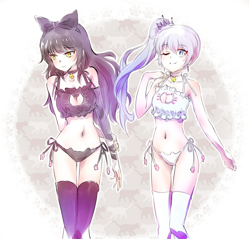 2girls bell black_hair black_legwear black_vs_white blake_belladonna blue_eyes bow breasts cat_cutout cat_ear_panties cat_lingerie choker cleavage cleavage_cutout clothing_cutout commentary_request earrings frown hair_bow highres iesupa jewelry jingle_bell medium_breasts meme_attire multiple_girls navel neck_bell one_eye_closed panties rwby side-tie_panties side_ponytail small_breasts smile thighhighs underwear underwear_only weiss_schnee white_hair white_legwear yellow_eyes