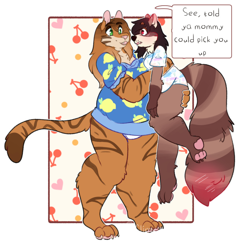 1:1 alpha_channel anthro blonde_hair blush blushing_profusely breasts brown_body brown_fur brown_hair brown_stripes clothed clothing diaper duo english_text felid female female/female flimsy_rivers fur gentle_femdom green_eyes hair hi_res lisa_(tiger) mammal markings mommy_kink multicolored_hair orange_body orange_skin overweight overweight_female pantherine partially_clothed procyonid purple_eyes raccoon regression ring_(marking) ringtail size_difference slightly_chubby stripes tail_markings text tiger trans_(lore) trans_woman_(lore) two_tone_hair uppies