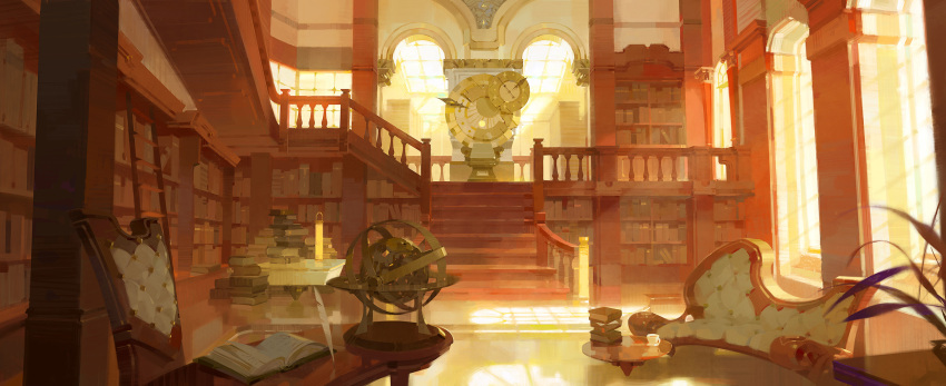 a-shacho analog_clock book book_stack bookshelf chair chinese_commentary clock commentary couch cup desk english_commentary game_cg globe highres indoors ladder library masterwork_apocalypse mixed-language_commentary no_humans official_art open_book orange_theme quill scenery skylight stairs sunlight table teacup window_shade