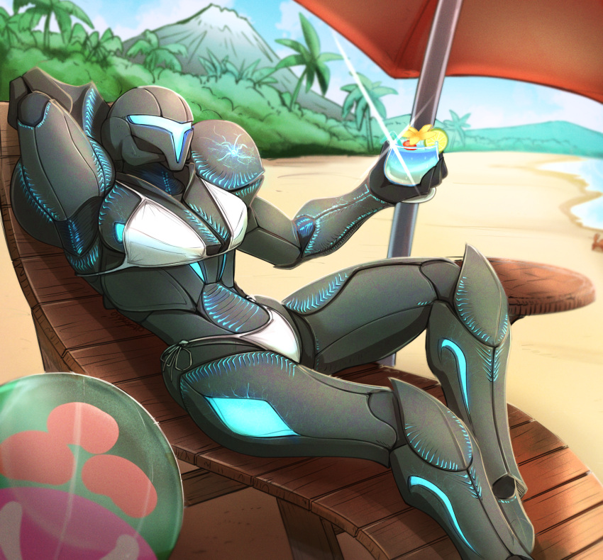 1girl beach beach_chair beach_umbrella bikini bikini_over_clothes dark_samus highres lying metroid metroid_(creature) mountain on_back otakuap palm_tree relaxed swimsuit tree tropical_drink umbrella white_bikini