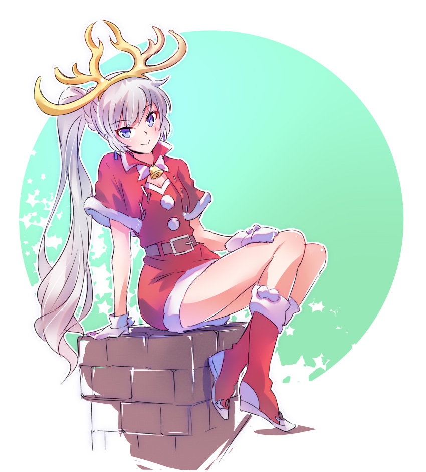 1girl alternate_costume antlers bell belt blue_eyes boots breasts brown_belt capelet chimney cleavage closed_mouth commentary_request earrings fur_trim gloves highres iesupa jewelry jingle_bell legs long_hair neck_bell pom_pom_(clothes) red_footwear reindeer_antlers rwby santa_costume scar scar_across_eye scar_on_face short_sleeves side_ponytail sitting small_breasts smile solo thighs weiss_schnee white_gloves white_hair
