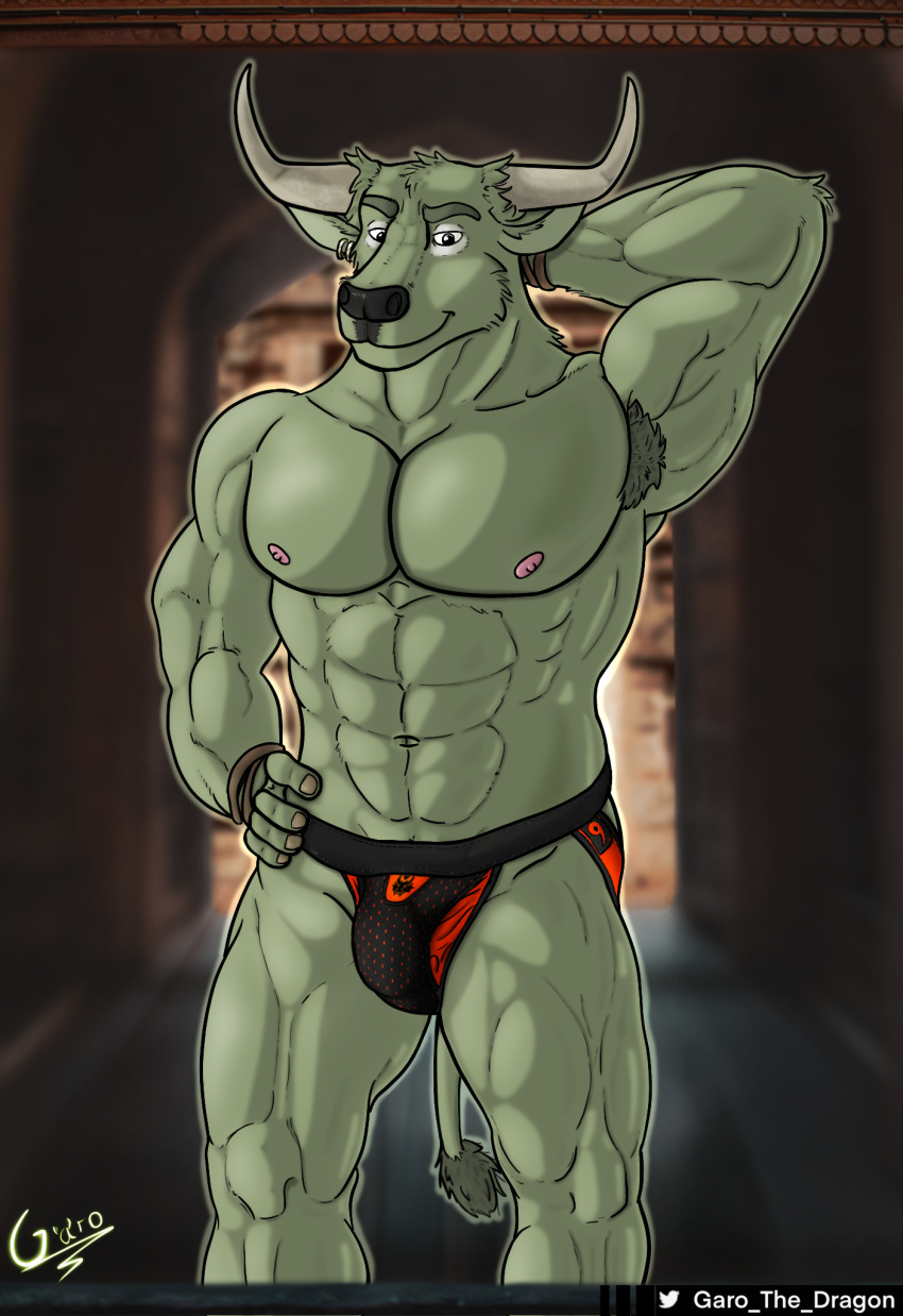 abs anthro armpit_hair body_hair bovid bovine bulge clothing ear_piercing ear_ring european_mythology flexing_bicep garo_(artist) greek_mythology green_body hand_on_hip hi_res horn jockstrap looking_at_viewer male mammal marvel minotaur muscular muscular_male mythology nipples photo_background piercing pinup pose rintrah_(marvel) rogue_fang smile solo standing underwear