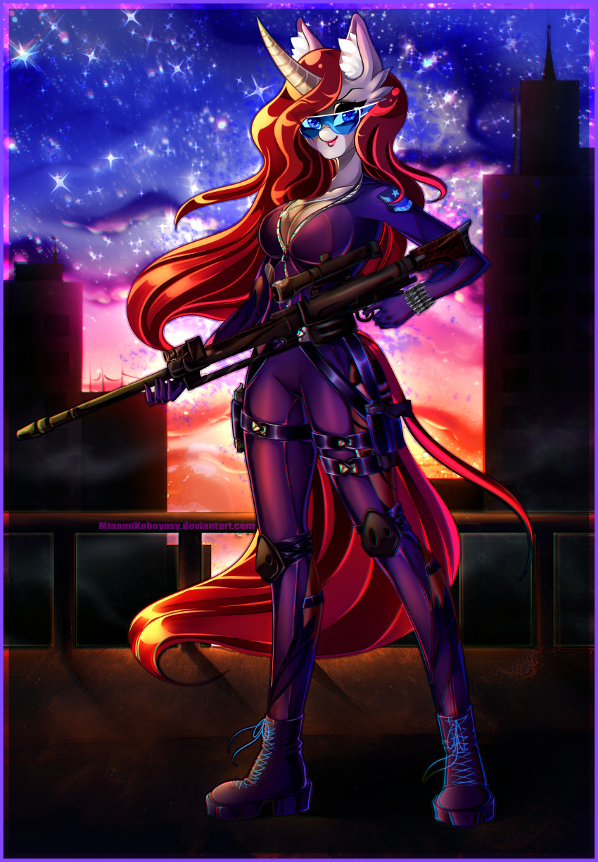 absurd_res anthro bars belt breasts bullet city city_background cityscape cleavage clothed clothing coat_markings cutie_mark dog_tags equid equine female flowing_hair flowing_mane flowing_tail footwear gun hair handgun hi_res inner_ear_fluff insignia knee_pads leather leather_clothing looking_at_viewer mammal markings military military_insignia military_uniform minamikoboyasy my_little_pony pistol plantigrade ranged_weapon red_hair rifle rooftop scope selune_darkeye shoes sky smile snip_(marking) sniper sniper_rifle solo solo_focus star starry_sky sunset tight_clothing tuft uniform utility_belt visor weapon zipper zipper_down zipper_jumpsuit