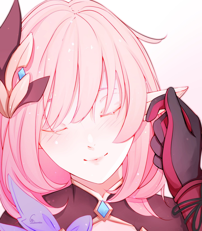 2girls artist_name bangs blush catandcrumbles closed_eyes elysia_(honkai_impact) hair_ornament highres honkai_(series) honkai_impact_3rd lips multiple_girls pink_hair pointy_ears raiden_mei raiden_mei_(herrscher_of_thunder) simple_background touching_ears two-tone_gloves yuri