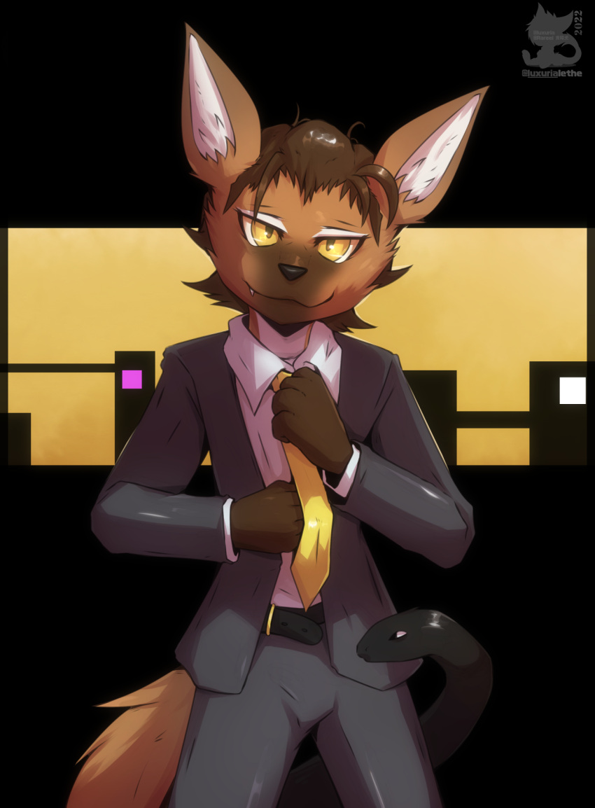2022 5_fingers anthro black_background bottomwear business_suit canid canine canis city clothing domestic_dog fingers fur hi_res looking_at_viewer luxuria male mammal necktie pants simple_background solo suit watermark yellow_eyes