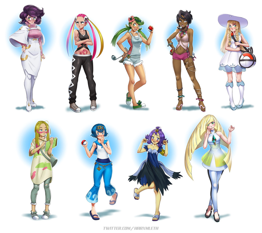 6+girls :&lt; :d acerola_(pokemon) bag black_hair black_pants blonde_hair blue_eyes blue_hair blue_pants blush braid brown_eyes commentary crossed_arms crossed_legs dark-skinned_female dark_skin dress english_commentary flower frown glasses green_eyes green_hair hair_flower hair_ornament hand_on_hip hat highres ladle lana_(pokemon) lillie_(pokemon) long_hair low_twintails lusamine_(pokemon) mallow_(pokemon) mathias_leth mina_(pokemon) multicolored_hair multiple_girls olivia_(pokemon) open_mouth pants paw_pose pink-framed_eyewear pink_hair plumeria_(pokemon) poke_ball pokemon pokemon_(game) pokemon_sm purple_eyes purple_hair short_hair shoulder_bag simple_background sketchbook smile stomach_tattoo sun_hat tattoo triangle_mouth twin_braids twintails two-tone_hair very_long_hair watson_cross white_background wicke_(pokemon) yellow_eyes