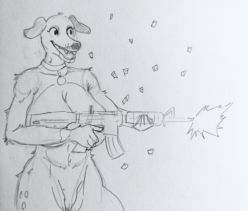 absurd_res anthro ar-15 canid canine canis collar convenient_censorship dark_humor domestic_dog female gun hi_res humor mammal martha_lorraine martha_speaks ranged_weapon shooting sketch smile solo unknown_artist weapon