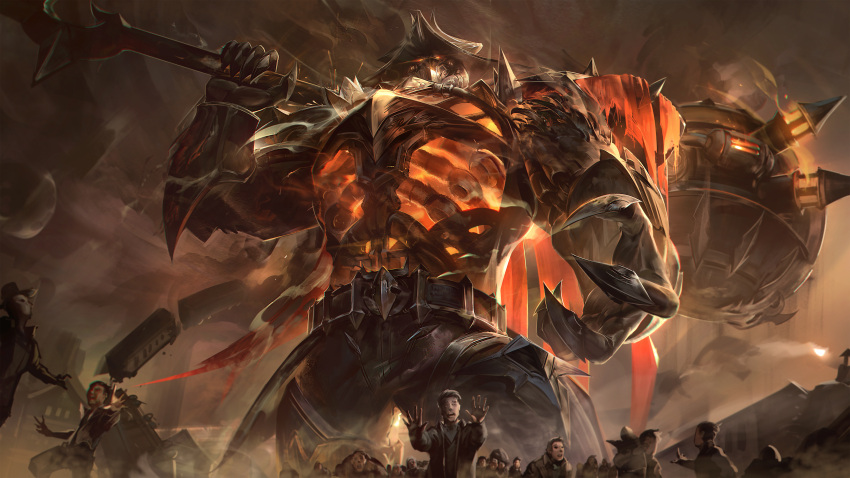 1boy absurdres armor bangs belt black_pants claws giant glowing glowing_eyes ground_vehicle hat high_noon_mordekaiser highres holding holding_weapon league_of_legends looking_at_viewer male_focus mask mordekaiser mountain over_shoulder pants people short_hair solo_focus spikes train weapon weapon_over_shoulder wutu_(1183238220)
