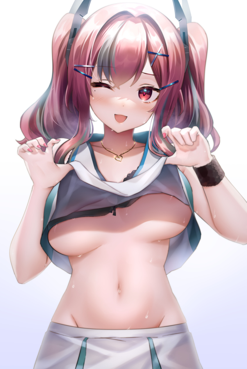 1girl ;d areola_slip areolae azur_lane bangs bare_shoulders black_bra black_hair bra breasts bremerton_(azur_lane) clothes_lift collarbone cowboy_shot crop_top eyebrows_visible_through_hair fingernails hair_ornament hairclip heart heart_necklace highres jewelry large_breasts lifted_by_self long_fingernails long_hair looking_at_viewer mole mole_under_eye multicolored_hair nail_polish navel necklace neit_ni_sei one_eye_closed open_mouth pink_nails red_eyes sidelocks simple_background skirt sleeveless smile solo stomach streaked_hair twintails two-tone_hair underboob underwear white_background white_skirt x_hair_ornament