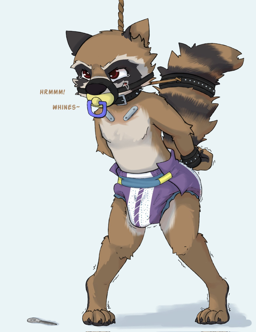 anthro bdsm bondage bound bulge clothing diaper diaper_only erection erection_in_diaper guardians_of_the_galaxy hands_behind_back hi_res key kuuneho male mammal marvel pacifier procyonid raccoon rocket_raccoon shaking solo tenting whining