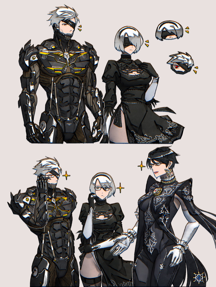 1boy 2girls bayonetta bayonetta_(series) bayonetta_1 bayonetta_2 bayonetta_3 black_blindfold black_dress black_footwear black_hairband blindfold boots breasts brown_eyes chromatic_aberration cleavage cleavage_cutout clothing_cutout company_connection crossover cyborg dress glasses grey_background grey_hair hairband high_heel_boots high_heels highres holding holding_sword holding_weapon katana medium_breasts metal_gear_(series) metal_gear_rising:_revengeance multiple_girls nier_(series) nier_automata raiden_(metal_gear) sword syachiiro thigh_boots thighhighs weapon yorha_no._2_type_b