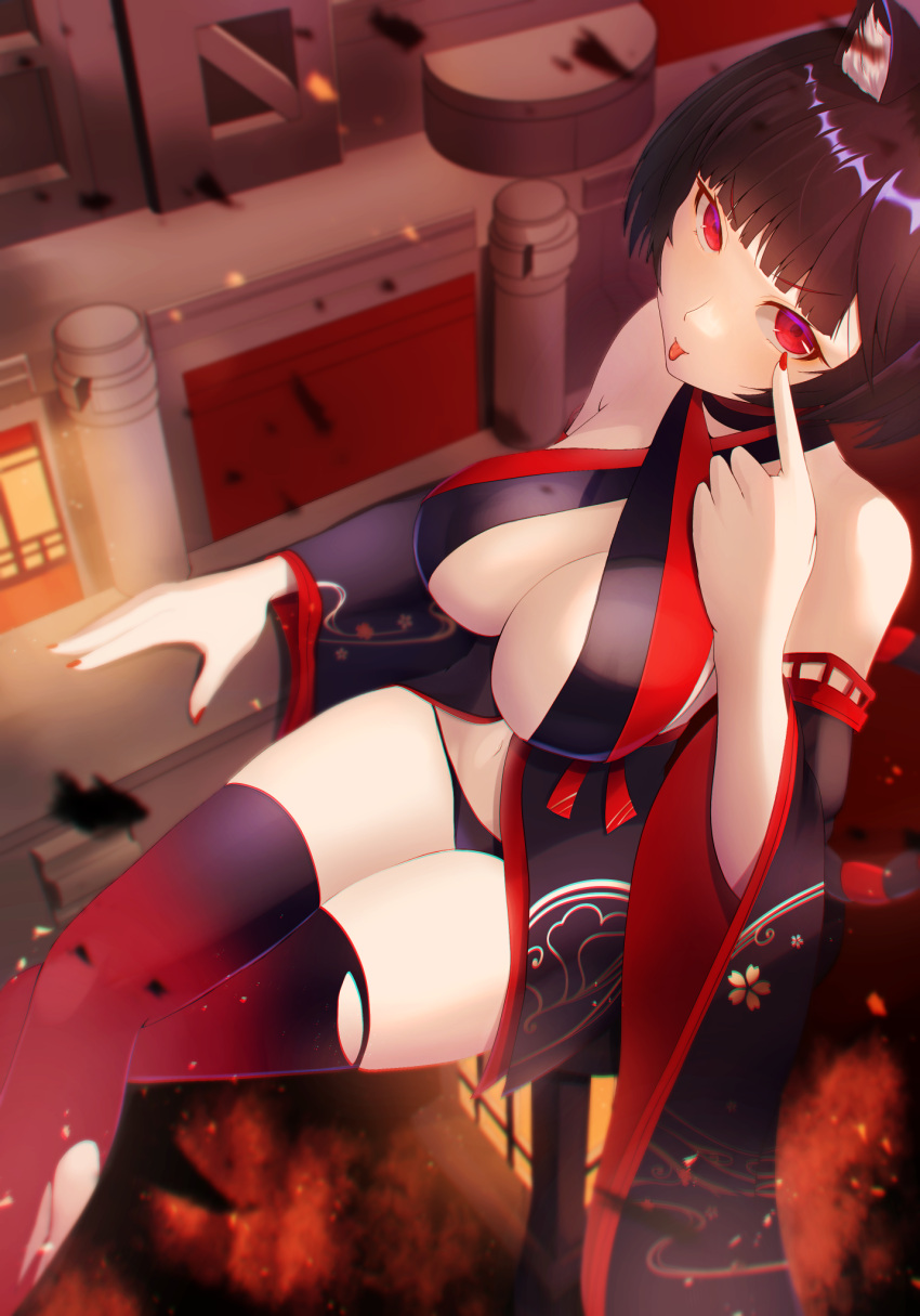 1girl animal_ears azur_lane black_hair black_panties breasts center_opening cleavage criss-cross_halter crossed_legs detached_sleeves fingernails from_above gradient gradient_legwear halterneck highres large_breasts looking_at_viewer looking_up nail_polish panties red_eyes red_legwear red_nails sharp_fingernails short_hair solo tako-san_wiener_(takosanuma) thighs tongue tongue_out underwear wide_sleeves yamashiro_(azur_lane) yamashiro_(meta)_(azur_lane)