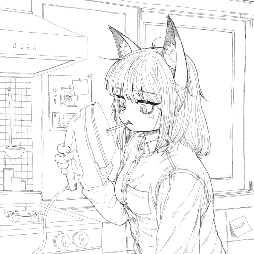 1girl absurdres animal_ears breast_pocket breasts buttons character_request cigarette fox_ears highres holding indoors iron ironing lighting_cigarette long_sleeves monochrome original pocket powerdman slit_pupils smoking sticky_note stove window