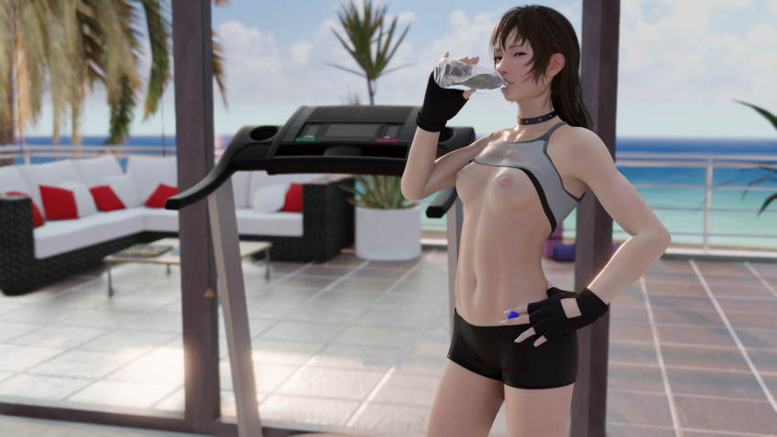 1girl 3d bangs bike_shorts blender_(medium) blurry blurry_background blush bottle bra bra_lift breasts brown_eyes brown_hair choker day drinking english_commentary final_fantasy final_fantasy_xv fingerless_gloves gloves hand_on_hip highres holding holding_bottle iris_amicitia lazyprocrastinator long_hair looking_at_viewer navel nipples small_breasts solo sports_bra standing studded_choker sweat treadmill underwear water_bottle window