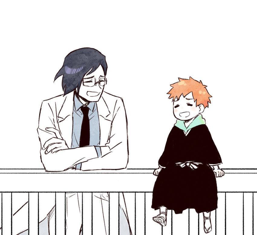 1boy black_hair black_hakama bleach blue_shirt blush bow choko_egg closed_eyes full_body glasses hakama happy highres ishida_uryuu japanese_clothes kurosaki_kazui labcoat leaning_on_rail open_mouth railing shirt sitting sitting_on_railing standing white_background zouri