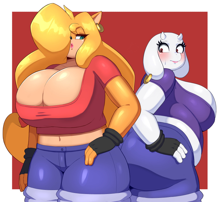 absurd_res activision anthro big_breasts big_butt bovid braffy breasts butt caprine cleavage clothed clothing crash_bandicoot crash_bandicoot_(series) duo ear_piercing ear_ring female female/female gloves goat handwear hi_res huge_breasts huge_butt invalid_tag mammal navel piercing tawna_bandicoot toriel undertale undertale_(series) video_games