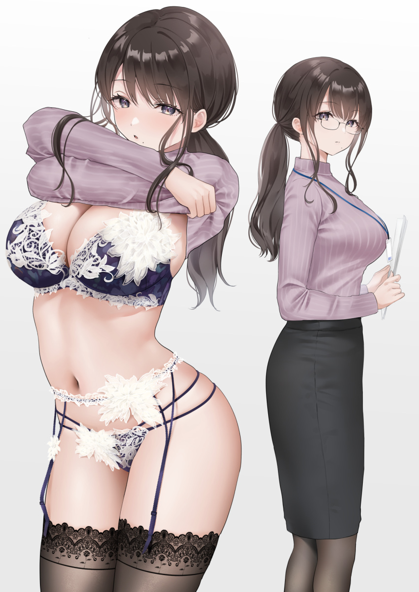 1girl bangs blue_bra blue_panties blush bra breasts brown_hair brown_legwear cleavage clothes_lift cowboy_shot eyebrows_visible_through_hair garter_belt garter_straps gradient gradient_background grey_background high-waist_skirt highres id_card kayanomomo lace lace-trimmed_bra lace-trimmed_legwear lace-trimmed_panties lace_trim large_breasts lifted_by_self lingerie long_hair long_sleeves looking_at_viewer low_ponytail mole mole_under_mouth multiple_views navel office_lady original panties pencil_skirt ponytail purple_eyes purple_sweater ribbed_sweater sidelocks simple_background skirt standing stomach sweater sweater_lift swept_bangs thighhighs thighs underwear undressing white_background