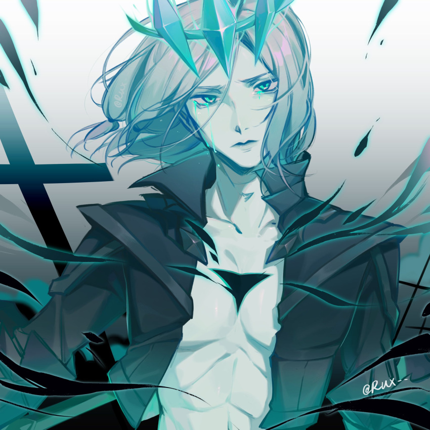 1boy artist_name bangs black_jacket collarbone cropped_jacket crown gradient gradient_background grey_background grey_hair highres jacket league_of_legends looking_at_viewer male_focus medium_hair no_shirt open_clothes open_jacket ruan_chen_yue solo tears viego_(league_of_legends)