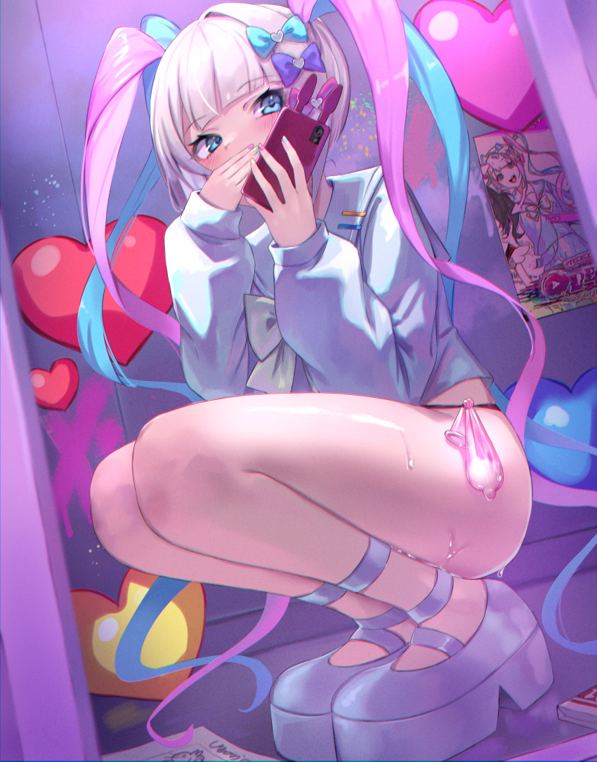 1girl absurdres ame-chan_(needy_girl_overdose) bangs black_panties blue_eyes blunt_bangs bow cellphone chouzetsusaikawa_tenshi-chan condom covering_mouth eyebrows_visible_through_hair hair_bow hand_over_own_mouth highres iridescent large_bow looking_at_viewer monane4 multicolored_nails multiple_hair_bows needy_girl_overdose panties phone pin poster_(object) quad_tails smartphone squatting twintails underwear used_condom