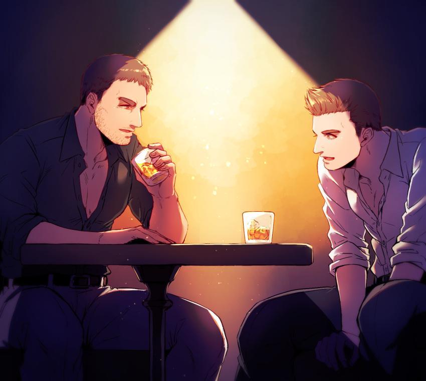 2boys alcohol belt chris_redfield collared_shirt cup facial_hair highres holding holding_cup komatta_(jammochi) looking_at_another male_focus multiple_boys muscular muscular_male open_mouth pants partially_unbuttoned piers_nivans resident_evil resident_evil_6 shirt short_hair sitting sleeves_rolled_up table