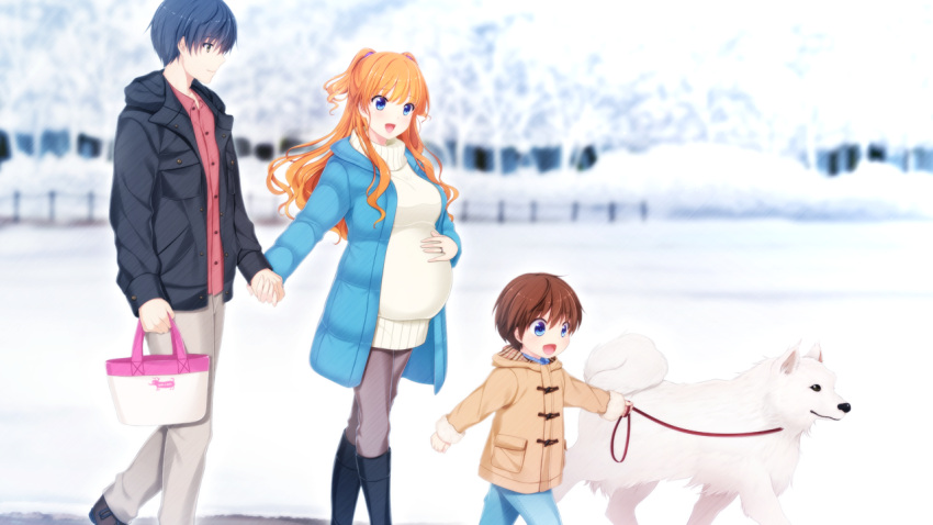 1girl 2boys :d akino_subaru aoi_hinata_(gin'iro_haruka) black_coat blue_coat blue_eyes blue_hair blue_pants blurry blurry_background brown_eyes brown_hair child coat dog dress dress_shirt from_side game_cg gin'iro_haruka grey_legwear long_hair multiple_boys niimi_yukito open_clothes open_coat orange_hair pants pantyhose pregnant red_shirt shiny shiny_hair shirt short_dress short_hair smile sweater sweater_dress twintails very_long_hair walking white_dress white_pants white_sweater winter