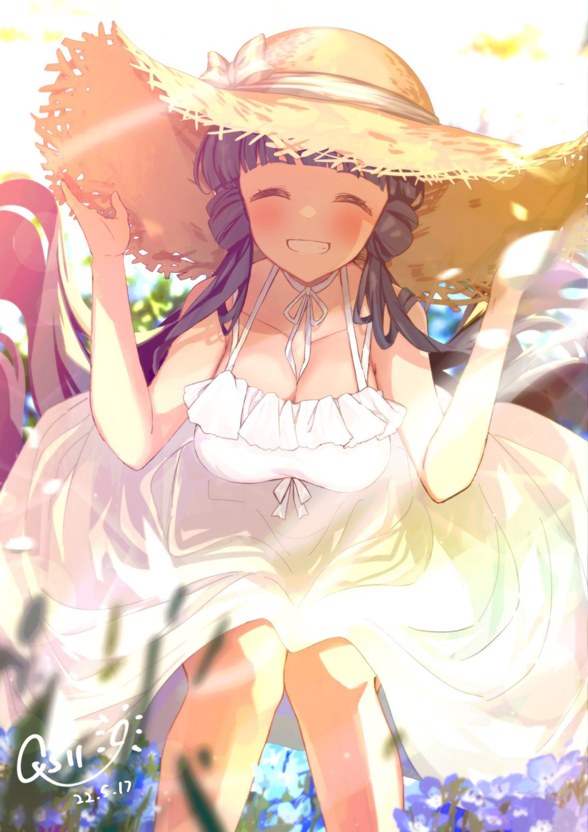 1girl ^_^ ^o^ alternate_costume bangs blunt_bangs blurry blurry_foreground blush breasts cleavage closed_eyes dated depth_of_field dress feet_out_of_frame field flower flower_field grin hat highres holding holding_clothes holding_hat idolmaster idolmaster_million_live! kitakami_reika light_particles light_rays medium_breasts neck_ribbon qs11 ribbon ribbon_between_breasts sitting sleeveless sleeveless_dress smile solo straw_hat sundress sunlight twintails white_dress