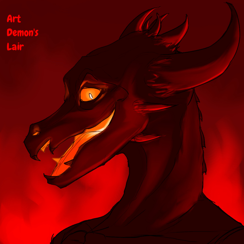 anthro artdemonslair demon dragon fire glowing glowing_eyes glowing_mouth horn humanoid looking_at_viewer male red_background scalie simple_background solo spikes text