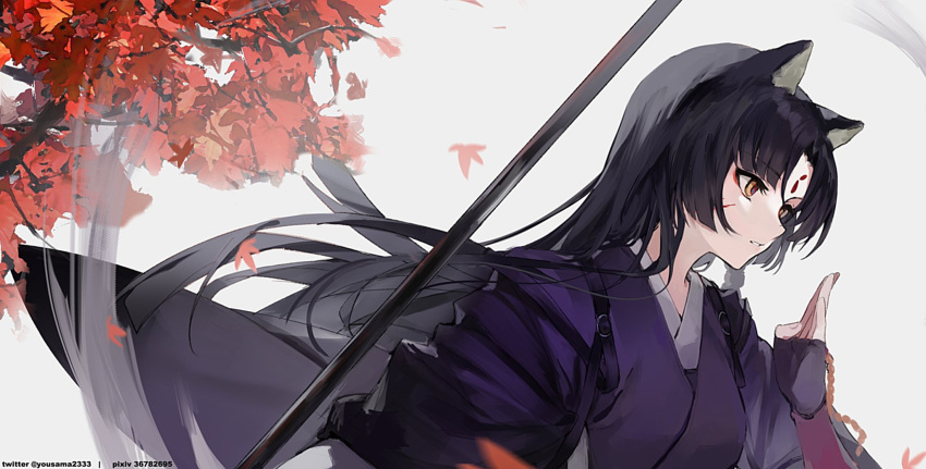 1girl animal_ears arknights artist_name black_hair branch commentary_request dog_ears dog_girl facial_mark fingerless_gloves forehead_mark gloves highres holding holding_weapon kitere long_hair looking_ahead orange_eyes pixiv_id saga_(arknights) solo traditional_clothes twitter_username weapon white_background