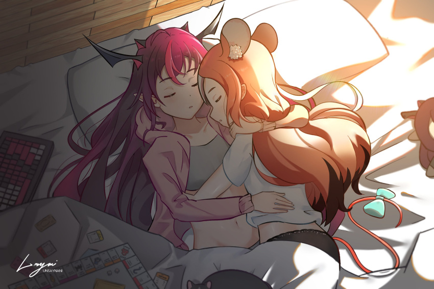 2girls animal_ear_fluff animal_ears bangs black_hair board_game bow card cat cuddling dice hair_down hakos_baelz highres hololive hololive_english hood horns hug irys_(hololive) keyboard_(computer) long_hair midriff monopoly mouse_ears mouse_girl mouse_tail multicolored_hair multiple_girls navel panties pointy_ears red_hair shirt sleeping sleeping_on_person sports_bra streaked_hair tail tail_bow tail_ornament underwear unsaynani virtual_youtuber white_hair yuri