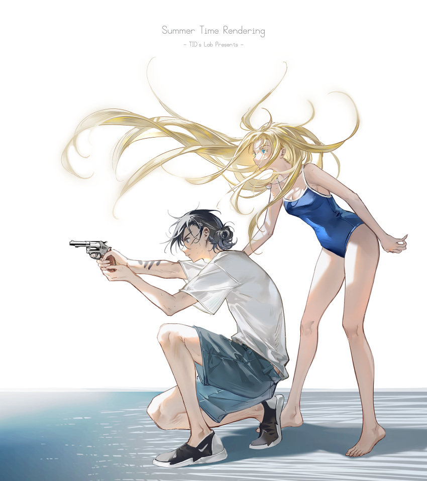 1boy 1girl aiming ajiro_shinpei bangs bare_legs barefoot black_eyes black_hair blonde_hair blue_eyes blue_shorts blue_swimsuit breasts casual chromatic_aberration cleavage closed_mouth commentary copyright_name english_commentary floating_hair gun hand_on_another's_back highres holding holding_gun holding_weapon kobune_ushio legs legs_apart long_hair medium_breasts messy_hair one_knee parted_lips revolver serious shadow shirt shoes short_hair shorts spaghetti_strap standing summertime_render swimsuit tattoo tidsean v-shaped_eyebrows weapon white_background white_shirt