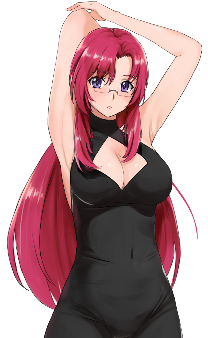 1girl armpits breasts commentary_request covered_navel glasses highres kazami_mizuho large_breasts long_hair looking_at_viewer onegai_teacher parted_lips pink_hair presenting_armpit purple_eyes red_hair sleeveless sleeveless_turtleneck solo teacher turtleneck yoo_tenchi