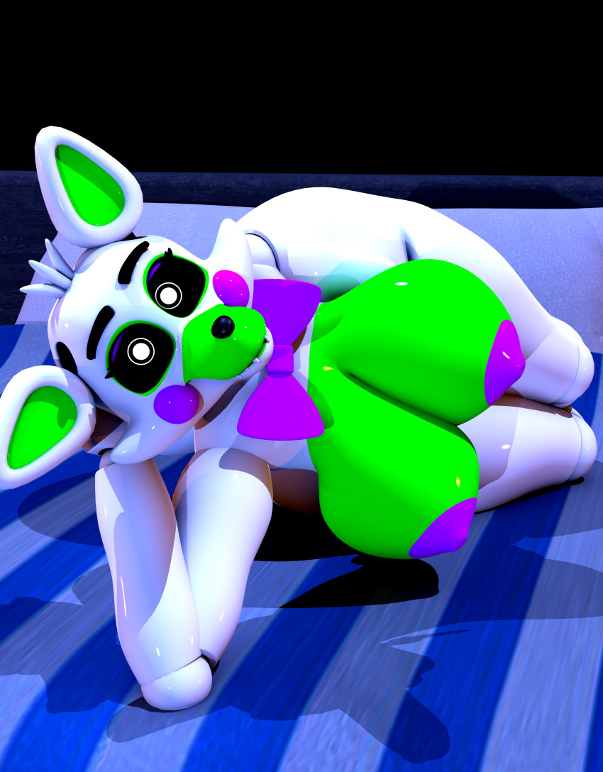 3d_(artwork) absurd_res animatronic anthro bed big_breasts black_sclera bow_tie breasts canid canine digital_media_(artwork) fangs female five_nights_at_freddy's five_nights_at_freddy's_world fox furniture geometryboymejia green_body hand_on_head hi_res looking_at_viewer machine mammal nipples purple_bow_tie purple_nipples robot scottgames simple_background solo tangle_(fnaf) thick_thighs video_games white_body white_eyes wide_hips